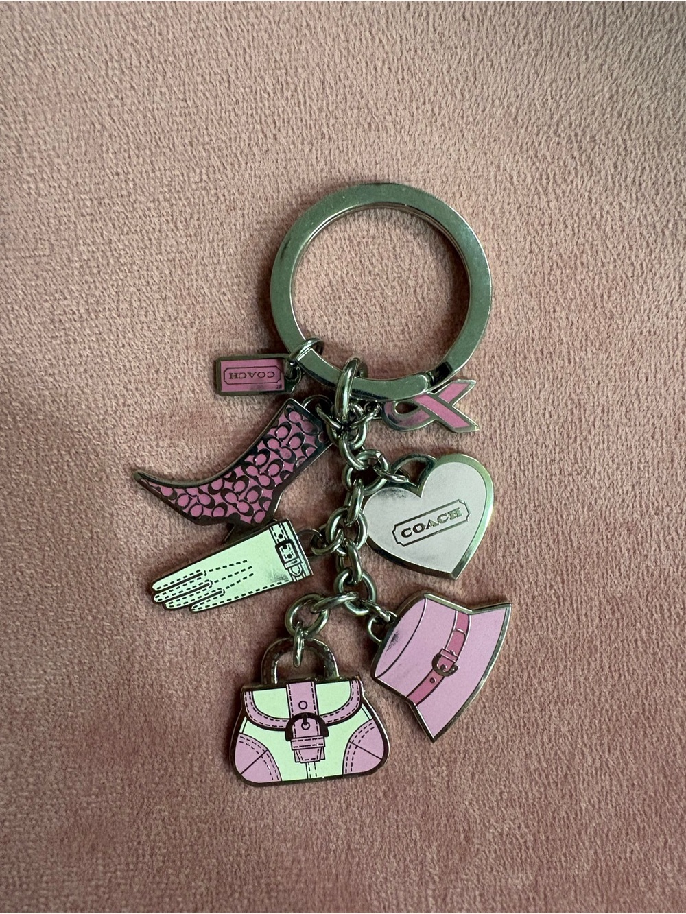 Coach Pink Multi-Charm Keyring with Heart & Purse Motifs